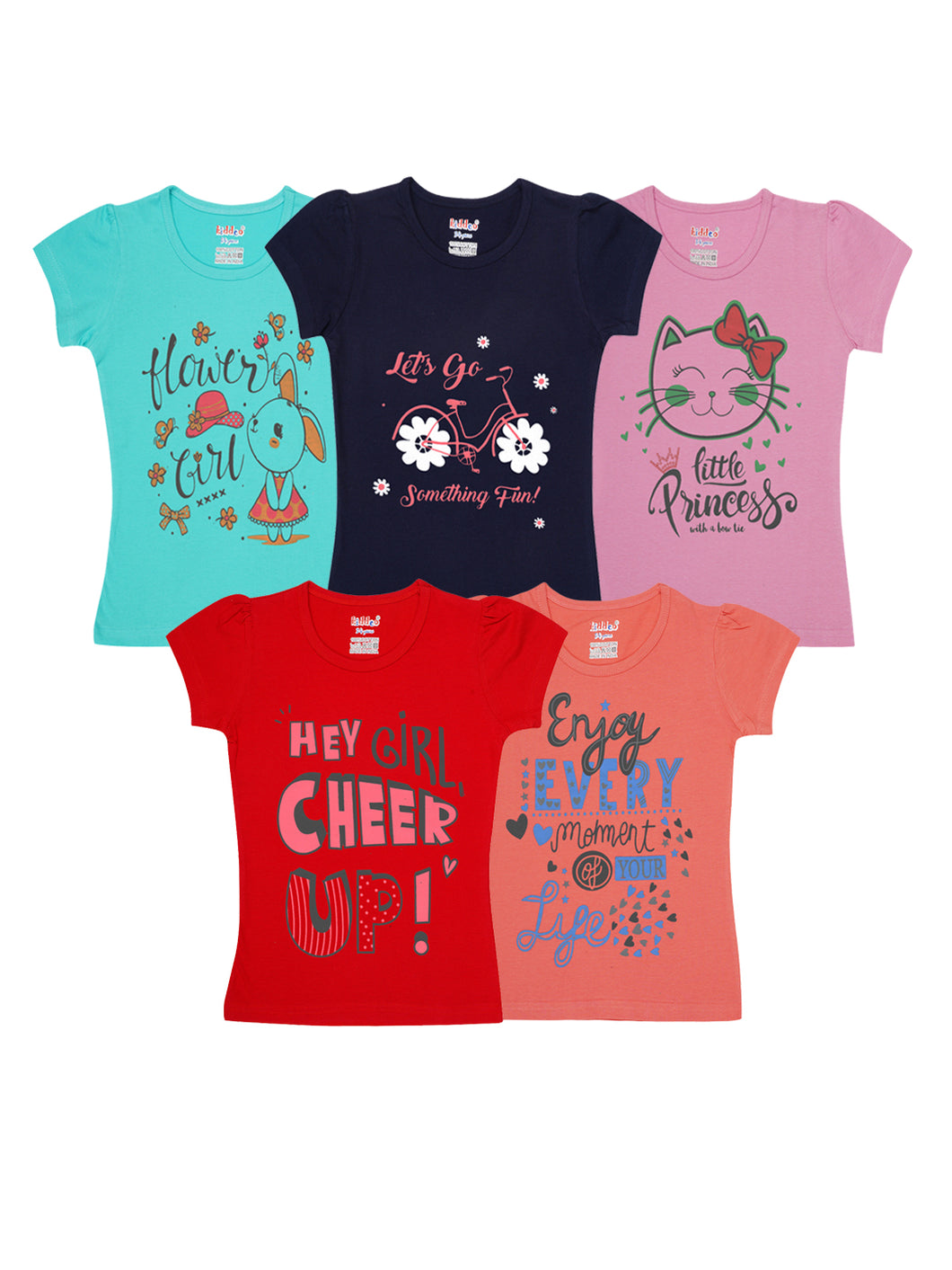 Kiddeo Girls HalfSleeve T-shirts(C6)(Pack of 5)