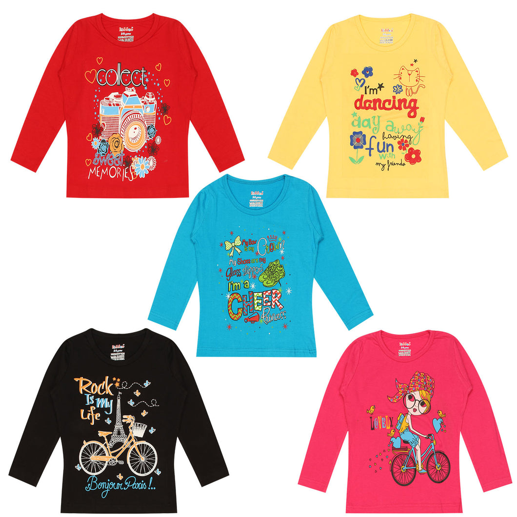 Kiddeo Girls Full Sleeve T-Shirts (Pack of 5)