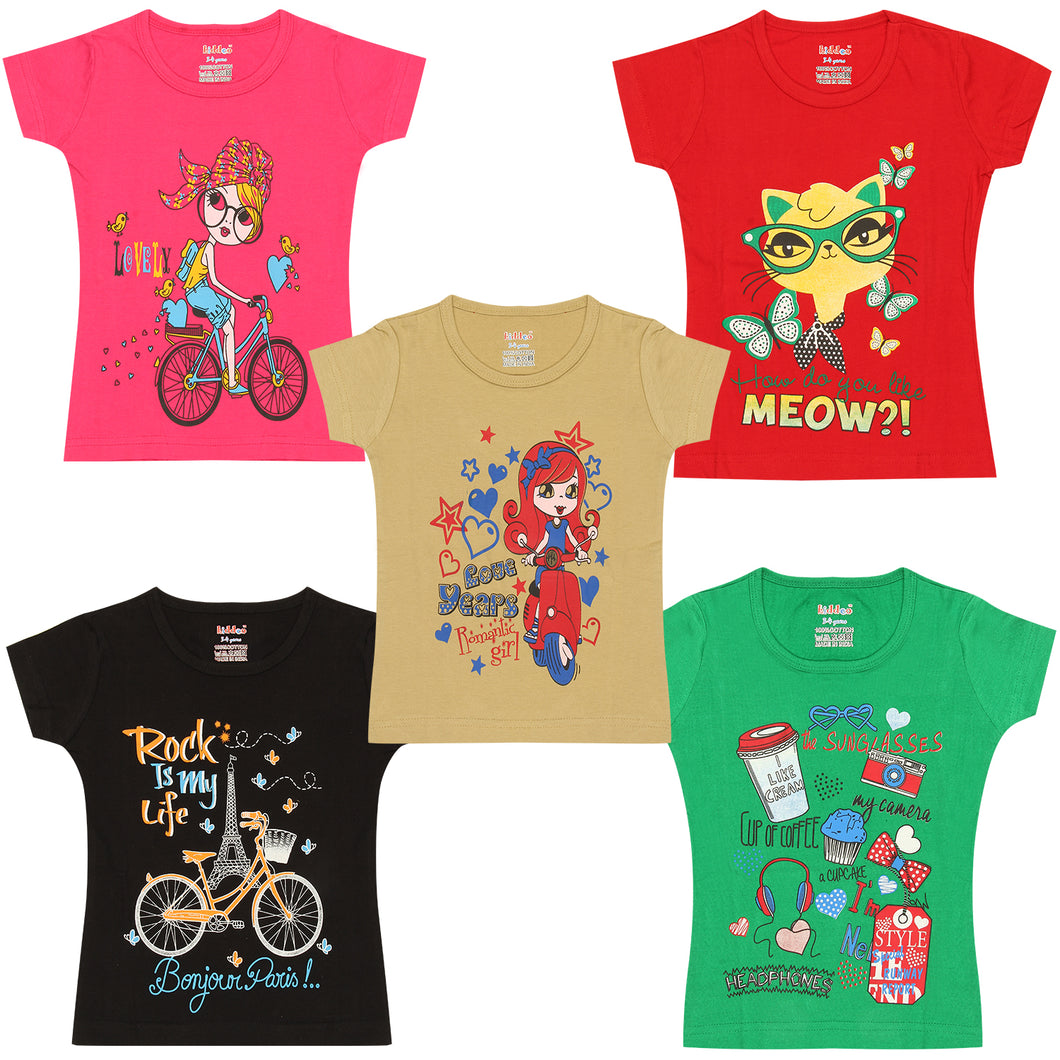 Kiddeo Girls HalfSleeve T-Shirts (pack of 5)