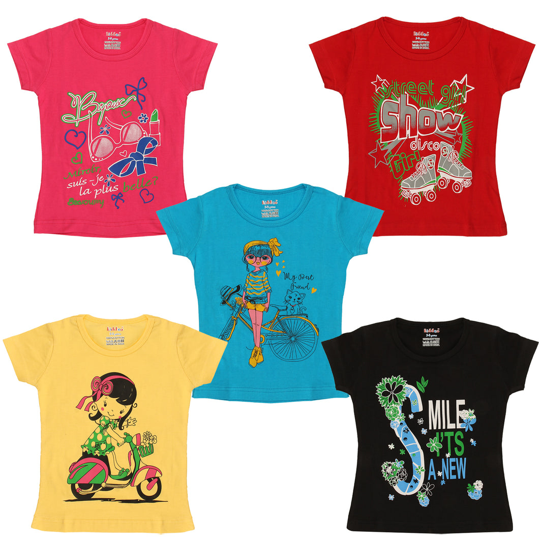Kiddeo Girls HalfSleeve (5C-04)T-Shirts (Pack of 5)